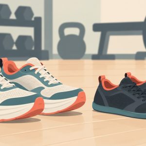 Dva páry sportovních bot s vysokou a nízkou podrážkou na světlé podlaze tělocvičny, vzadu neostré činky.