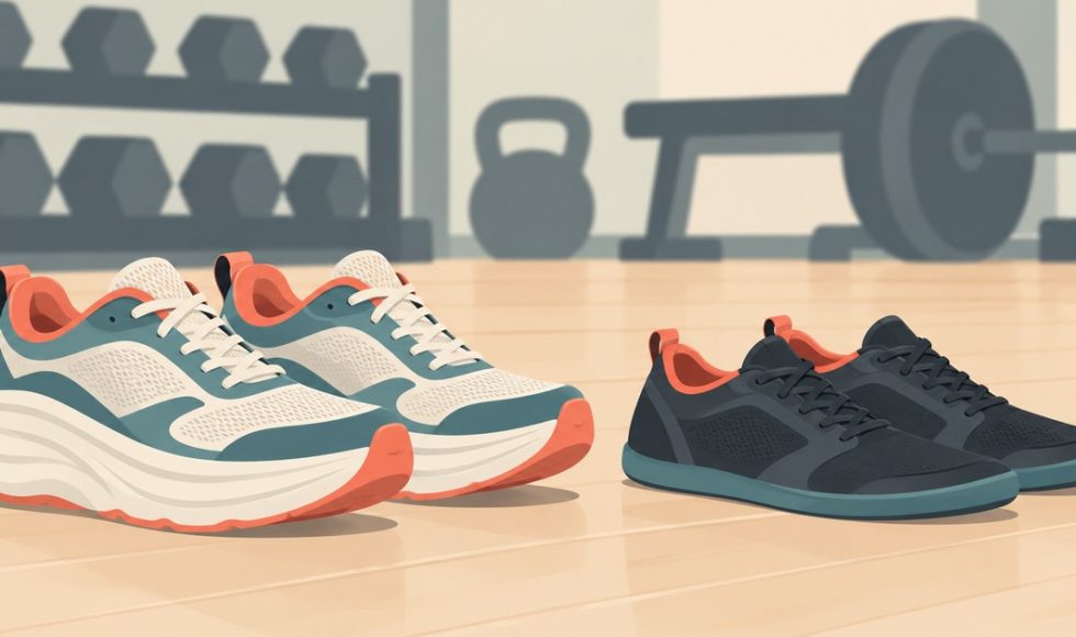Dva páry sportovních bot s vysokou a nízkou podrážkou na světlé podlaze tělocvičny, vzadu neostré činky.